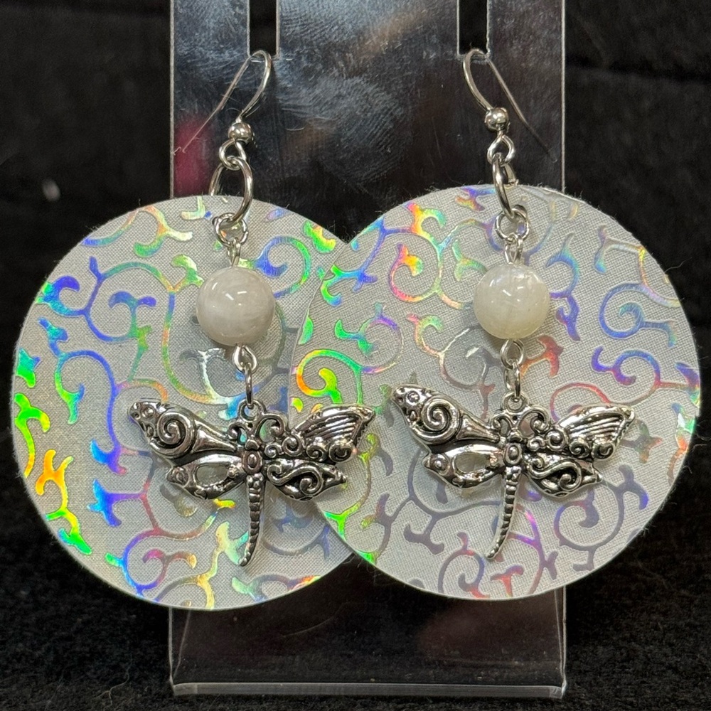 Silver/Holographic Faux Leather Earrings with Dragonfly Charms